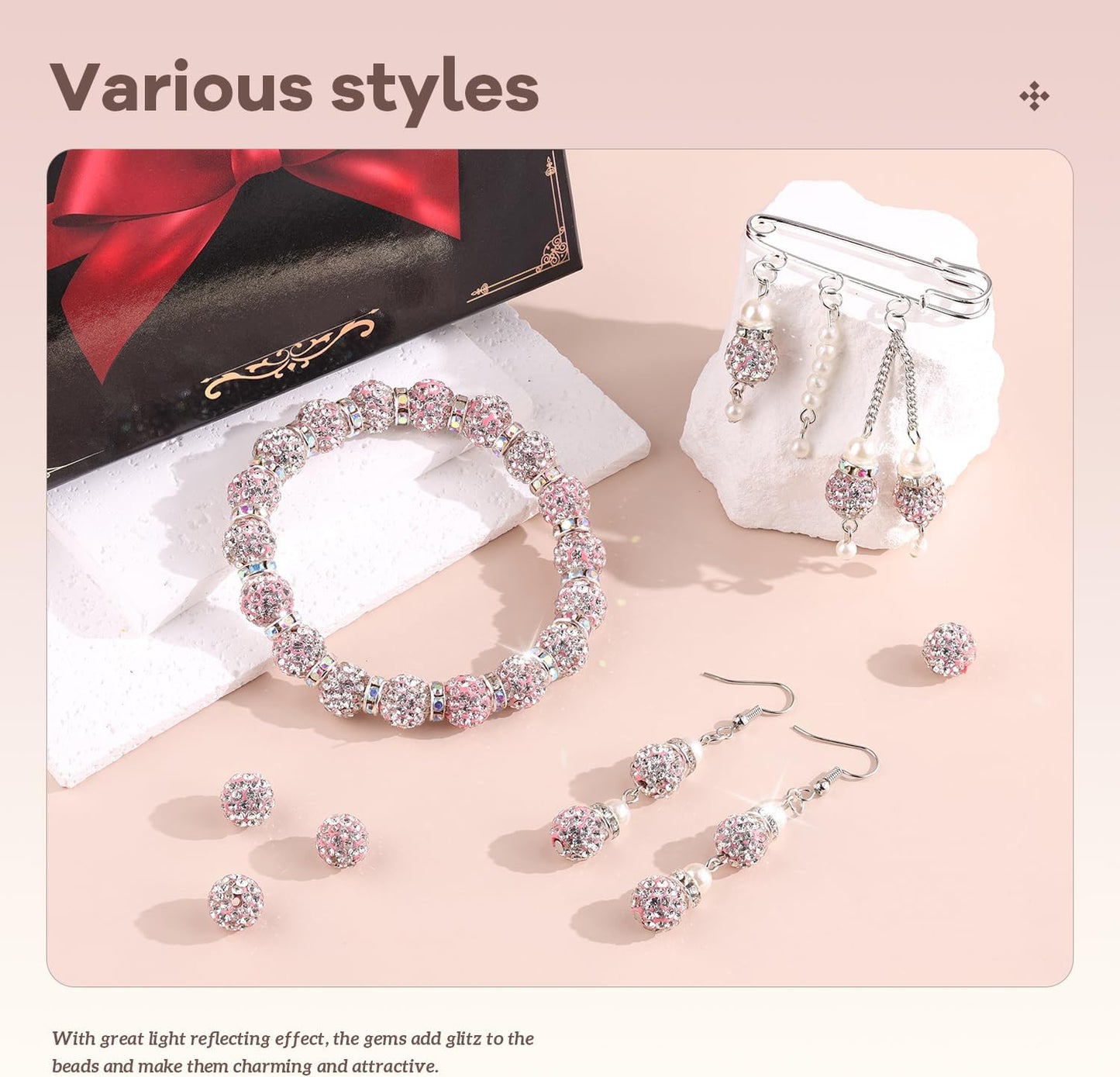 200pcs 10mm Rhinestone Beads for Jewelry Making, Pink White Shiny Round Disco Ball Beads Bulk, Sparkle Crystal Clay Christmas for Bracelet Baseball Necklace Earring Crafting and DIY