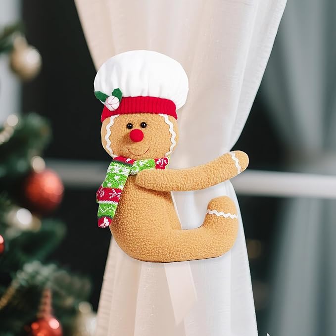 Gingerbread Man Christmas Tree Topper Santa Claus Christmas Decoration,2 Pack Cute Tree Topper Xmas Curtain Wine Bottle Staircase Guardrail Ornament for Xmas New Year(Gingerbread Man & Santa)