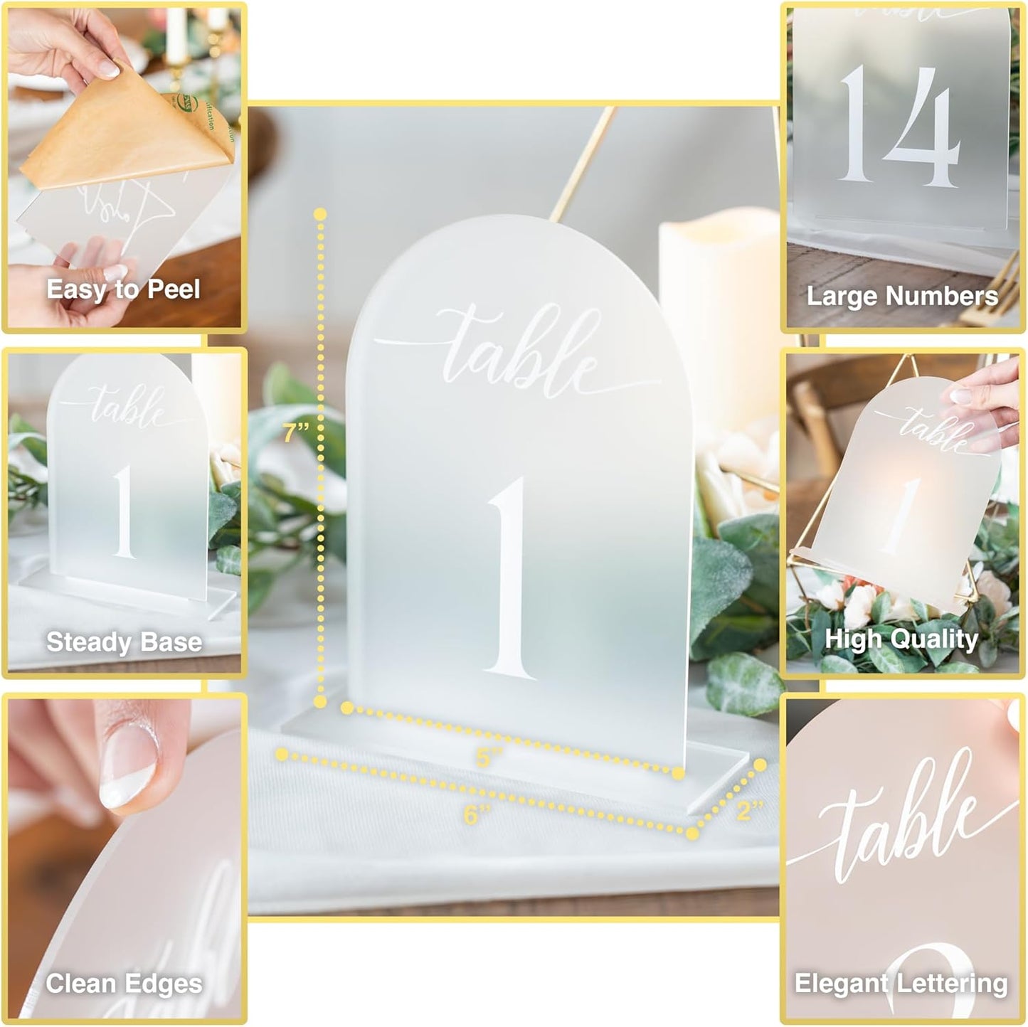 Frosted Arch Acrylic Table Numbers for Wedding Reception - 5" x 7" White Font Centerpiece Set with Holder Stands & Head Table Sign - Anniversary, Event, Party, Wedding set1-10