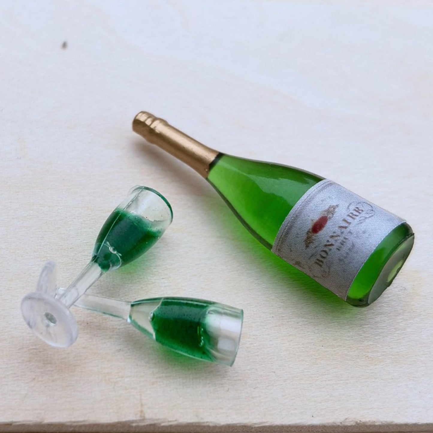 Miniature Champagne Bottle with 2 Glasses, 1:12 Dollhouse Decor, Green Resin, 1 Champagne Bottle with 2 Glasses