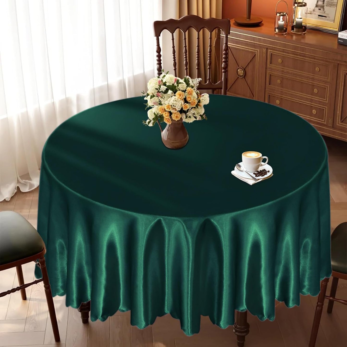 KKJIAF 1 Pack 108 Inch Round Table Cloth, Hunter Green Overlay Round Satin Table Cover, Silky Satin Dining Tablecloths for Wedding Buffet Parties Banquet Decoration
