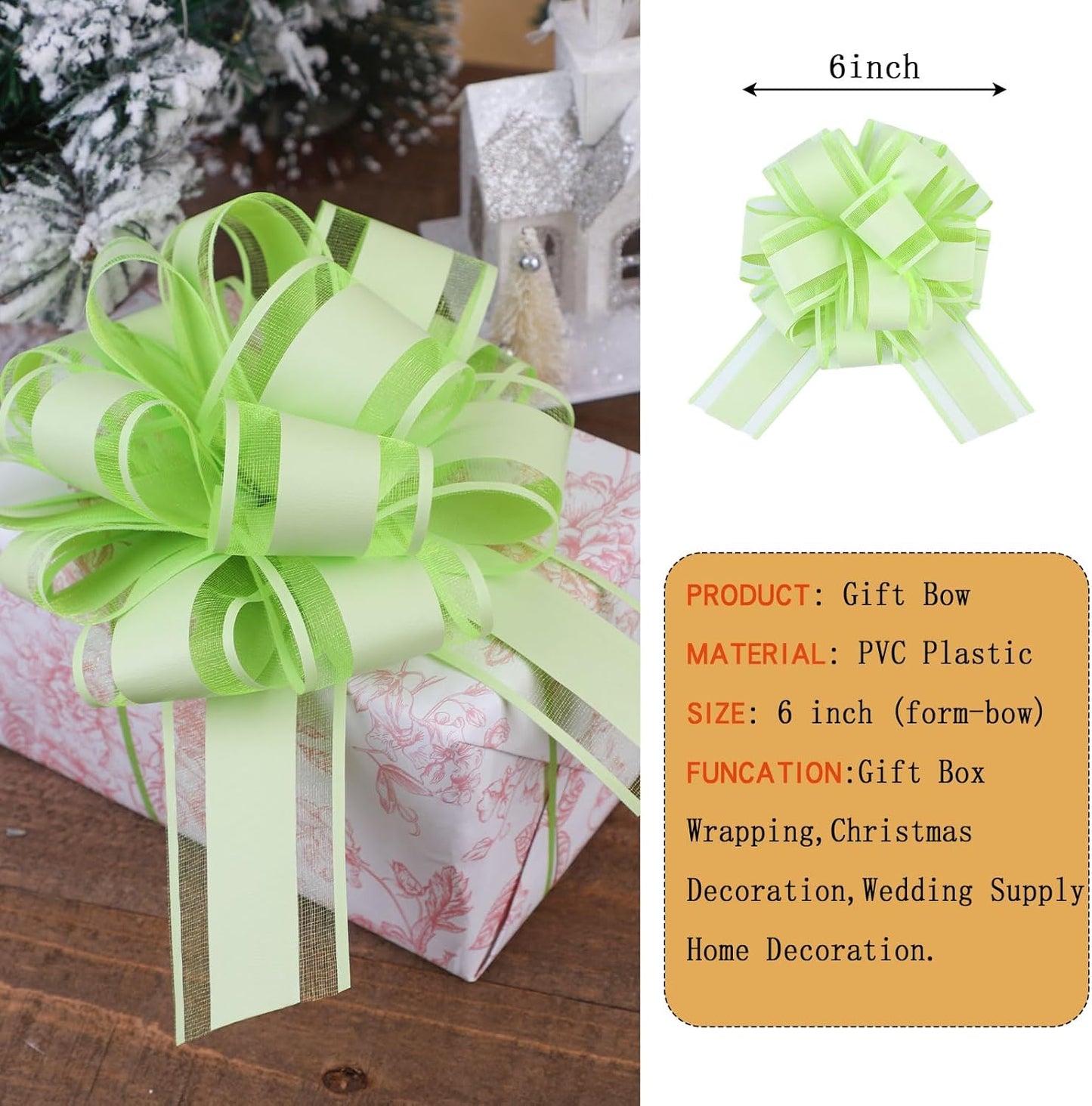 6Pcs 6inch Pull Bow Gift Wrapping,Pull Bow For Gift Basket, Gift Bag Box Wrapping Decor, Valentines Day, Birthday, Anniversary, Wedding, Flower Packaging (Bright Green)