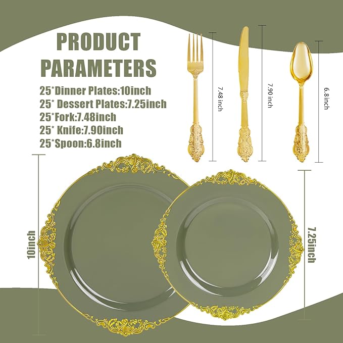 125PCS Olive Green Plastic Plates - Green and Gold Disposable Plates - Vintage Plate with Gold Plastic Silverware Sets for 25 Guests for Wedding & Party