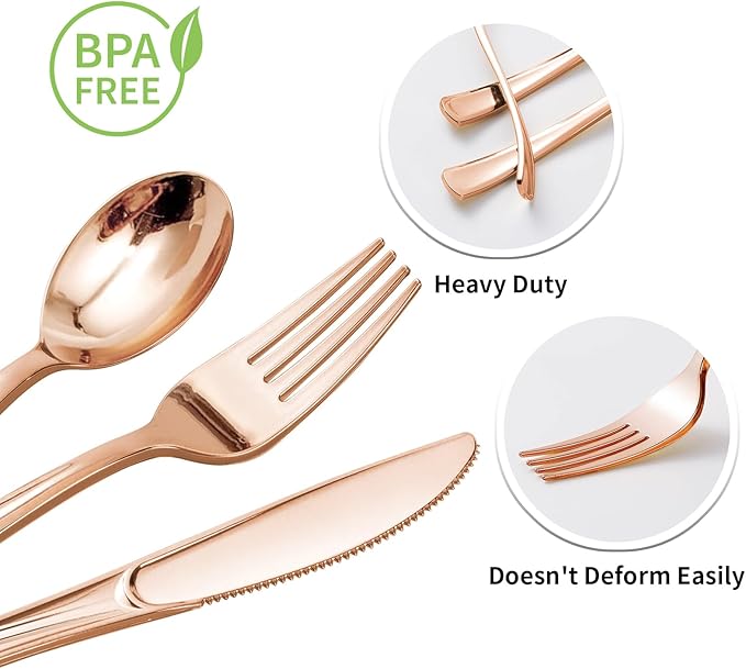 Goodluck 50 Pack Pre Rolled Rose Gold Plastic Silverware, Wrapped Plastic Cutlery Set with Napkin Include 50 Forks, 50 Knives, 50 Spoons and 50 Napkins, Fancy Disposable Silverware for Party, Wedding