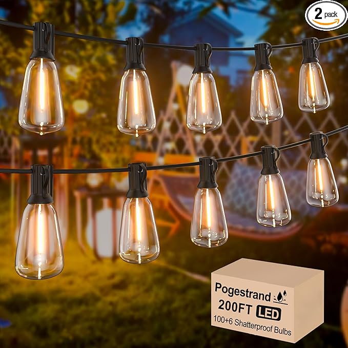 LED Outdoor String Lights 200ft ST38 Waterproof Patio Lights with 106 Vintage Shatterproof Bulbs(6 Spare), Dimmable Outside Hanging Edison String Lights for Backyard Porch Balcony Decor, Warm White
