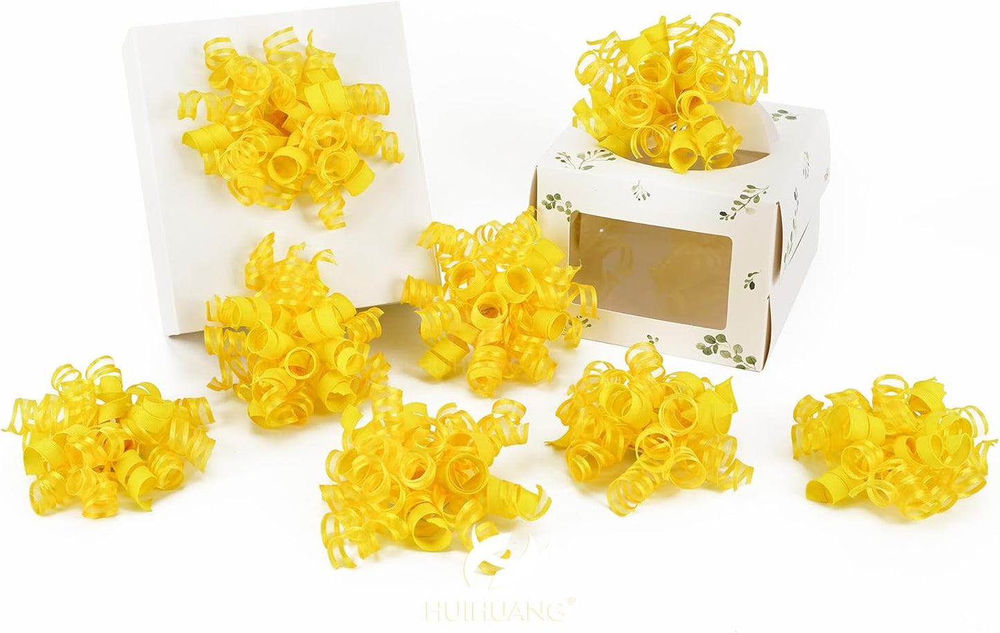 HUIHUANG Yellow Present Bows Gift Wrap Accessory Curly Ribbon Gift Bows 5 inch x 8 Counts Stick On Bows for Gift Wrapping, Paper Bag, Birthday Party Favors, Bridal Shower Wedding Decoration