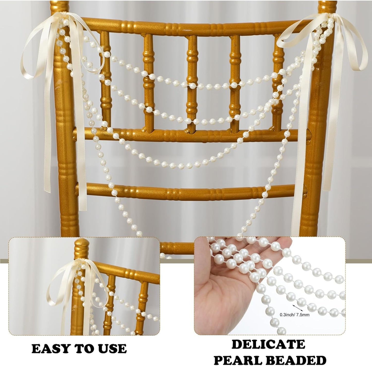 16 Pcs Wedding Pearl Bow Chair Decor Satin Ribbon Bows with Pearl Beaded String Garland Aisle Chair Sashes Decorations for Ceremony Coquette Party Banquet Decor (Ivory)