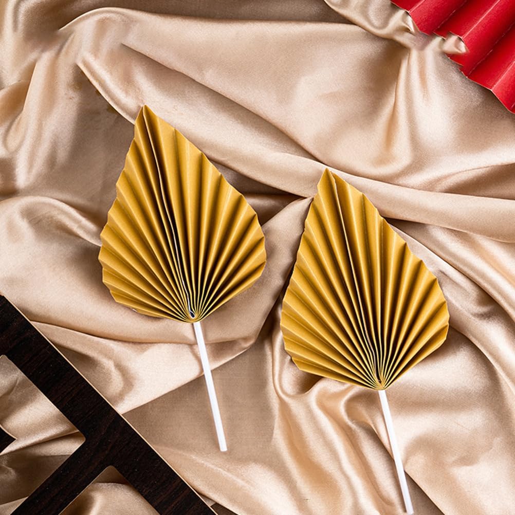 16pcs Golden Tree Leaf Folding Fan Cake Toppers - Elegant Boho Cake Decorations for Birthday Party, Wedding, and Anniversary - 4.33 * 1.96 * 0.39inch