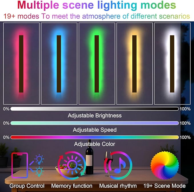 47 in Modern Outdoor Wall Light, Waterproof Long Wall Sconce Musical Rhythm, LED RGB/White/Dimmable, Exterior Wall Light with Remote App for Party Gathering Outside Decor