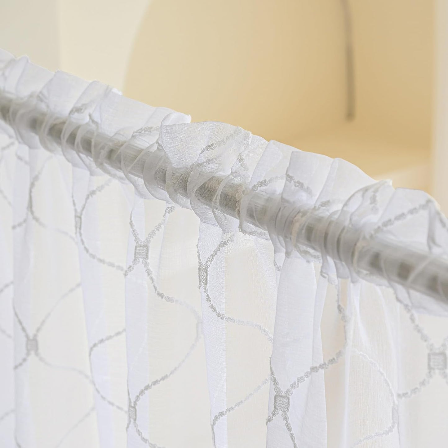 Sheer Curtains White 45 Inches,Wavy Diamond Embroidered Rod Pocket Voile Drapes for Living room, Bedroom, Window Treatments Semi Crinkle Curtain Panels for Yard, Patio, Parlor, 2 Panels, 52"x 45".