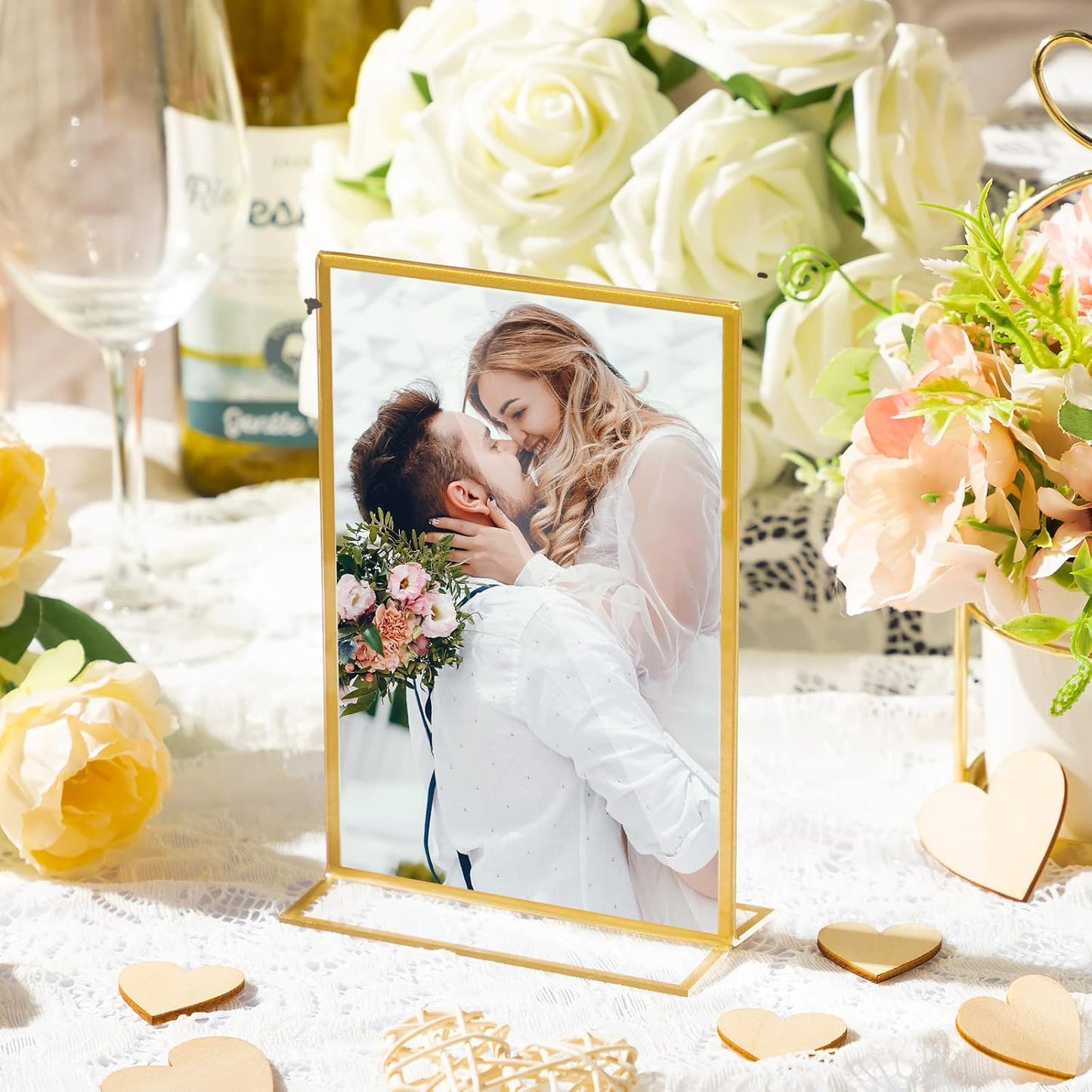 Hoteam 18 Pack Acrylic Sign Holder 4 x 6 Inch Gold Frames Wedding Table Number Holders, Double Sided Picture Frame Clear Display Menu Stand for Home Photo Flyers Wedding Party (Vertical)