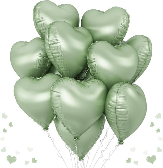 Sage Green Heart Foil Balloon, 10PCS Olive Green Heart Helium Balloons, Light Green Heart Shaped Mylar Balloons for Jungle Safari Party Birthday Graduation Garden Wedding Baby Shower Party Decorations