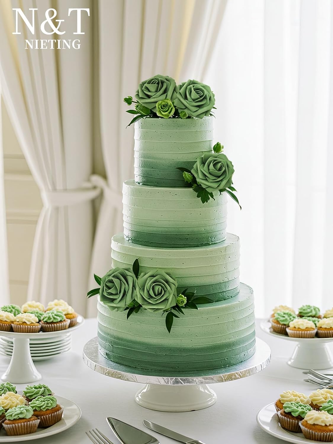 N&T NIETING Roses Artificial Flowers, 25pcs Artificial Flowers Foam Flowers with Stems for DIY Cake Decoration Wedding Party Home Decoration, Army Green