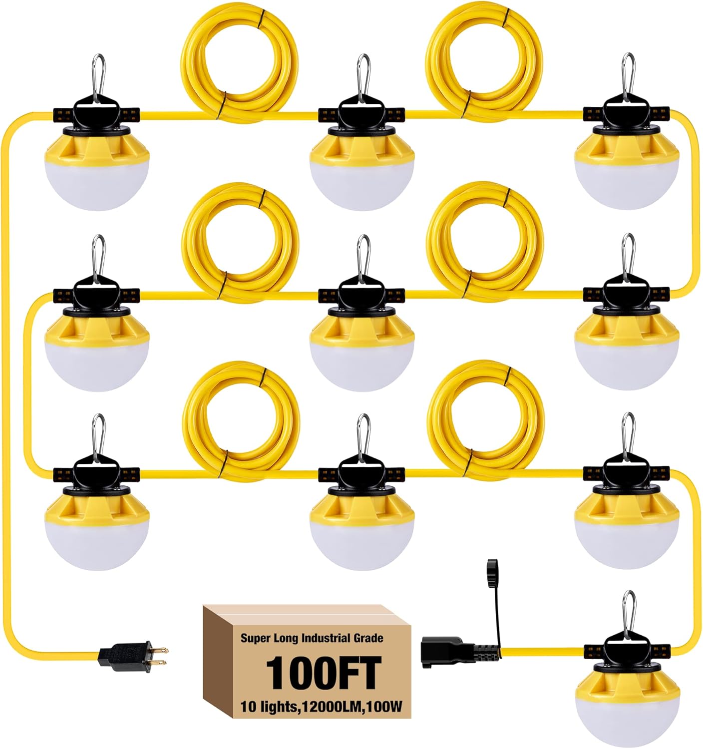 100FT Construction String Lights, IP65 Waterproof ETL Certified LED String Work Lights, 5000K Daylight 18AWG Wire Linkable Temporary Construction Lighting for Jobsite with 10 Bulbs & Hooks