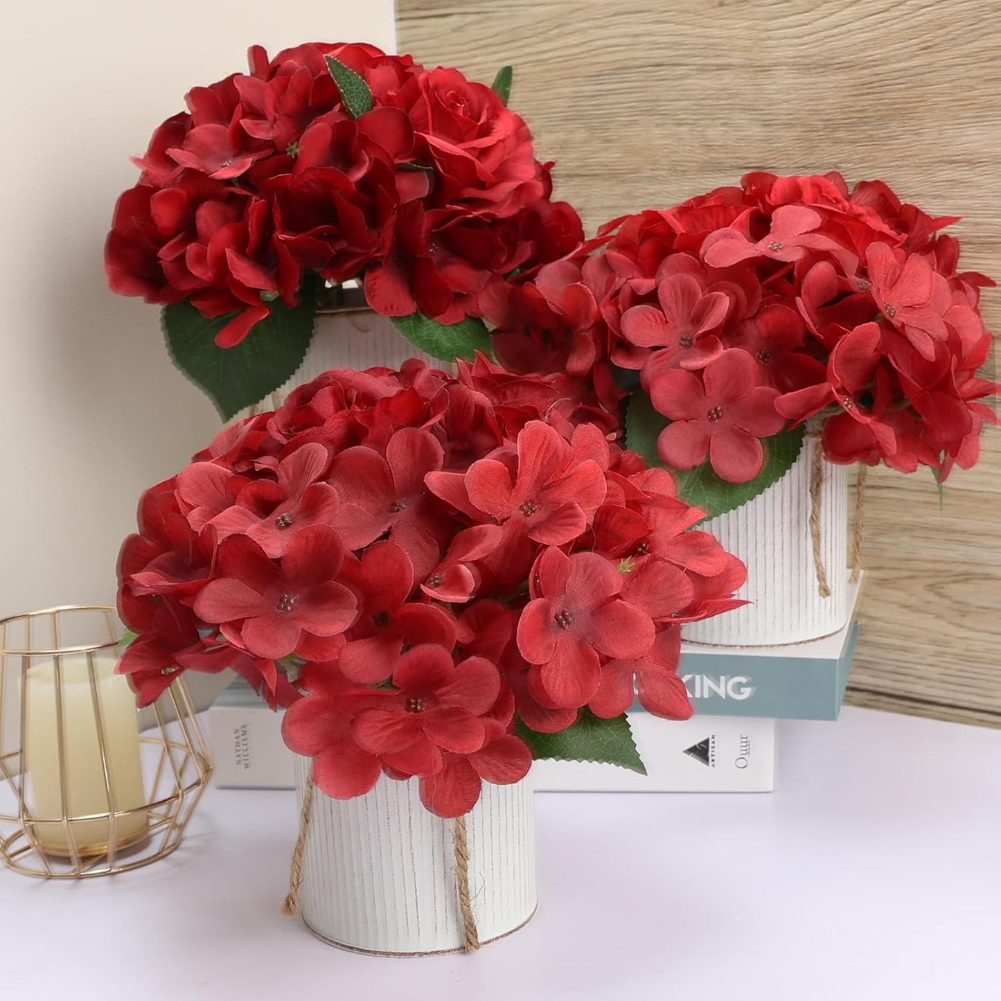 Flower Table Centerpieces - Set of 6 Floral Arrangement Artificial Wedding Hydrangeas Floral Arrangement with Rustic Metal Vase for Bridal Tea Party Event Decorations - Deep Red