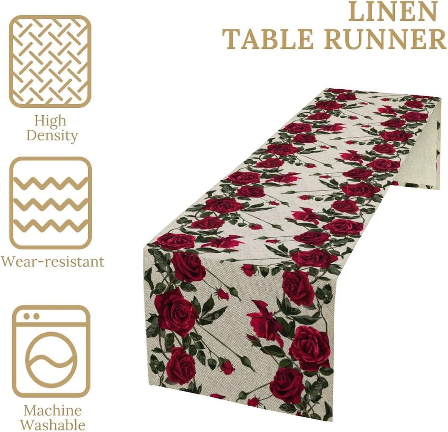 Rose Table Runner, Retro Red Rose Flowers Green Leaves Valentine's Day Kitchen Dinning Table Runner for Indoor Outdoor Home Wedding Party Holiday, 13x36 Inch