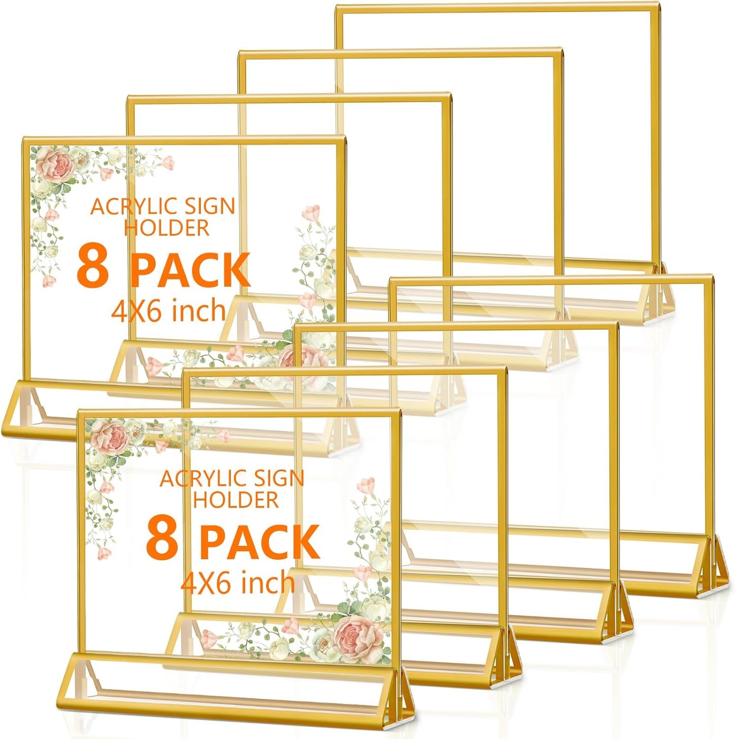8 Pack Acrylic Sign Holders with Golden Border, Double Sided Clear Picture Frames, 6 x 4 Table Number Holders, Horizontal Menu Holders for Wedding Reception Art Display Party Decoration