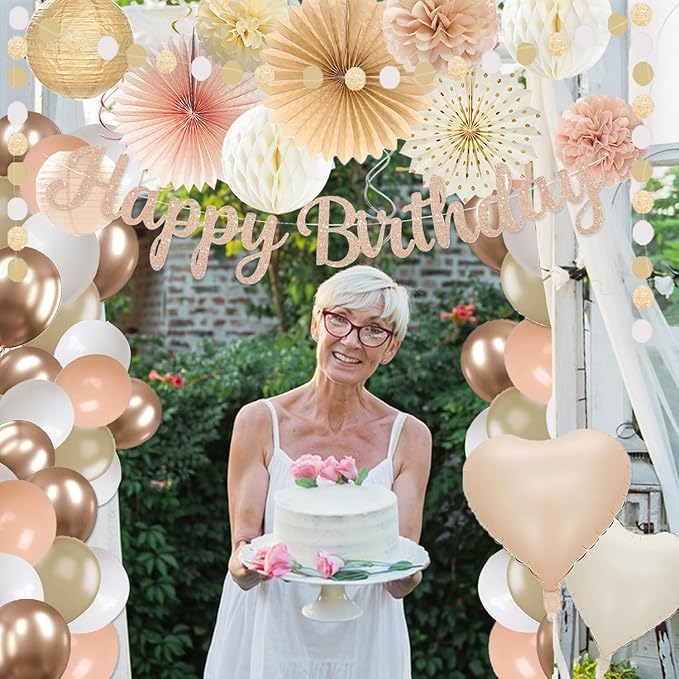 Champagne-Gold Beige Birthday Decorations for Women Girls,Cream Neutral Balloons Décor,Happy Banner,Boho Peach Paper Lanterns Tissue Pom Poms Fan,Anniversary Princess Backdrop Party Supplies