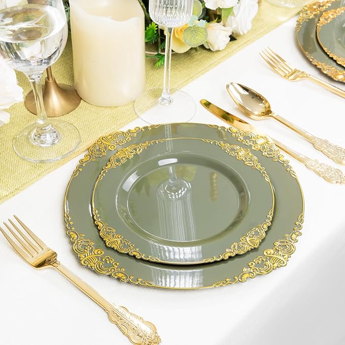125PCS Olive Green Plastic Plates - Green and Gold Disposable Plates - Vintage Plate with Gold Plastic Silverware Sets for 25 Guests for Wedding & Party