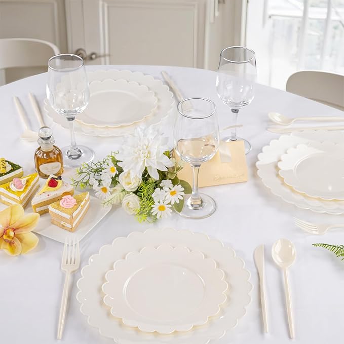 Supernal 180pcs Plastic Silverware Heavy Duty Ivory Plastic Utensils Cutlery Disposable Beige Party Silverware Include 60 Forks,60 Knvies,60 Spoons Disposable Cutlery for Party,Wedding,New Year