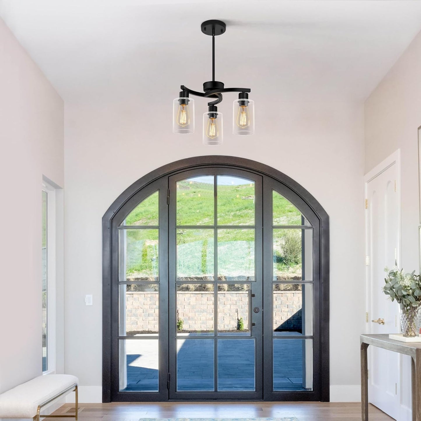 3-Light Modern Farmhouse Black Pendant Lights Kitchen Island, Adjustable Height Contemporary Chandeliers for Dining Room Light Fixture Hanging, Clear Glass Shade