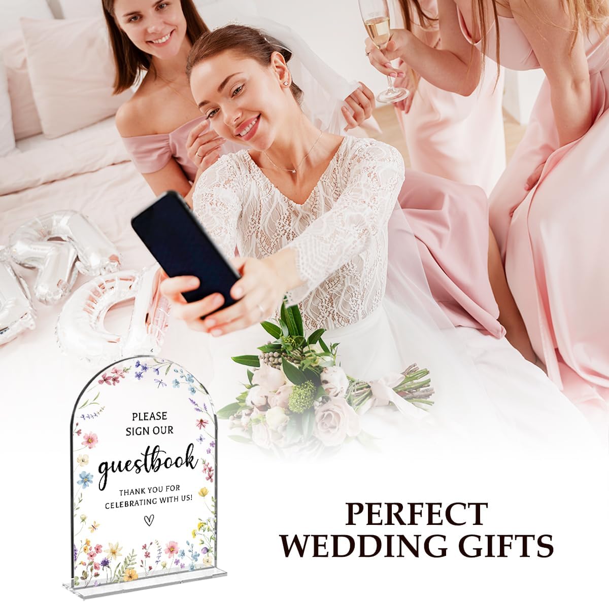 Wedding Sign Decor, Photo Guest Book Sign, 5x7 Inch Arch Acrylic, Wedding Sign for Reception & Event, Bridal Shower Decorations, Wedding Table Sign Accessories for Anniversary And Party (Flower)