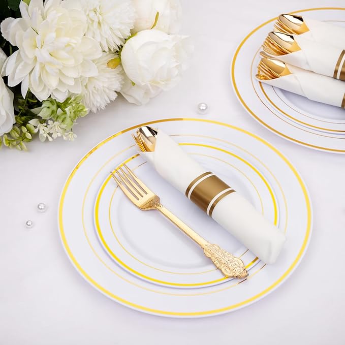 Nervure 400PCS Pre Rolled Gold Plastic Silverware Sets - Heavy Duty Fancy Gold Cutlery - Include 100 Pack Wrapped Disposable Utensils with Napkins for Parties, Dinners & Weddings