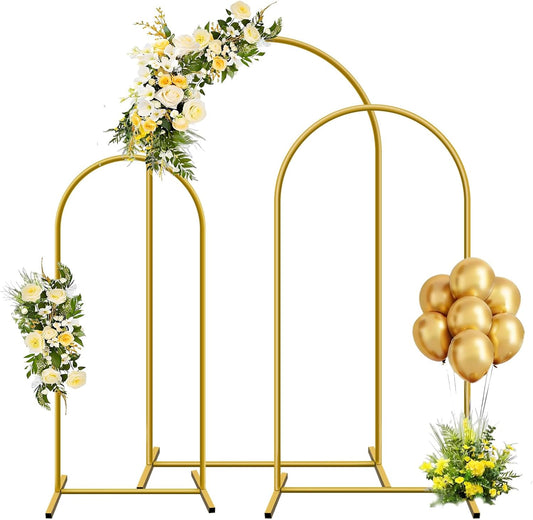 Metal Arch Backdrop Stand, Set of 3 (4/5/6 ft) Wedding Arched Frame with 12 Ground Nails, Stable Arched Background Stand for Wedding, Baby Shower, Birthday Party, Photography, Gold