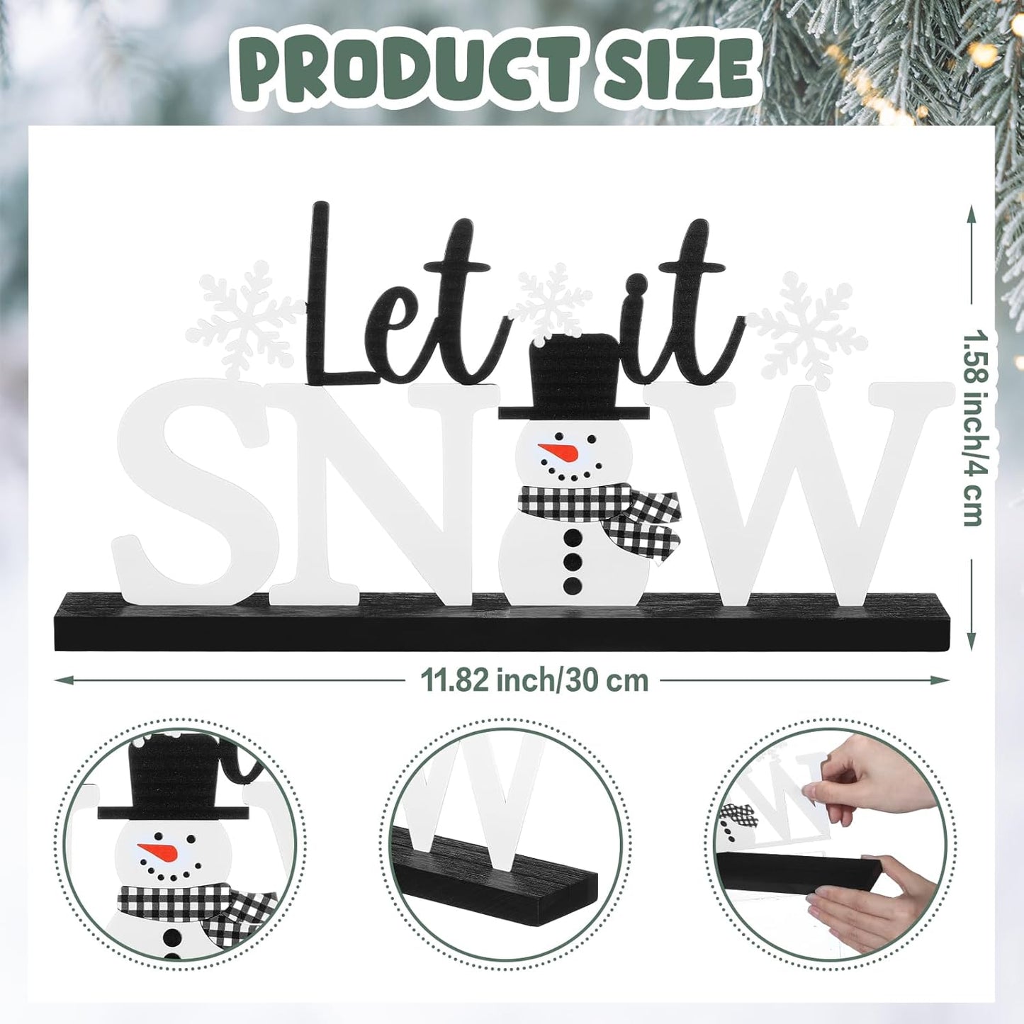 Winter Metal Sign Let It Snow Table Decor Christmas Tiered Tray Decor with Wooden Base Metal Black and White Snowman Snowflake for Xmas Home Tabletop Centerpiece Mantel Shelf Fireplace