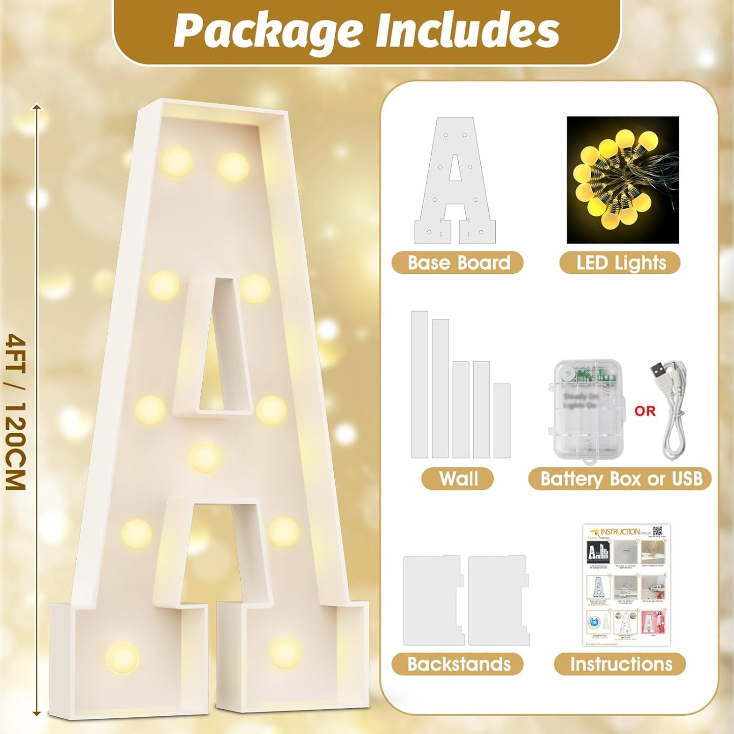 Ledido 4FT Marquee Light Up Letters Large Light Up Letters for Party Decoration, Marquee Letter for Birthday Graduation Baby Shower Wedding, Pre-cut Foam Board Assembly Required Letter Q