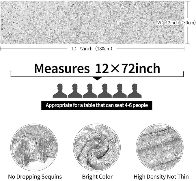 6 Packs 12 x 72 inches Silver Sequin Table Runner, Glitter Runner for Birthday Party Supplies Decorations Wedding Bachelorette Holiday Celebration Bridal Shower Baby Shower