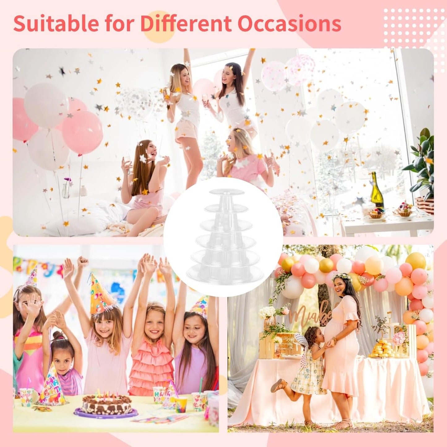 OMISTAR 2 PCS 6-Tier Clear Macaron Display Stands, Plastic Macaron Tray Tower with Stainless Steel Serving Tongs, Transparent Cupcake Dessert Stand for Weddings, Birthday Parties, Bakeries