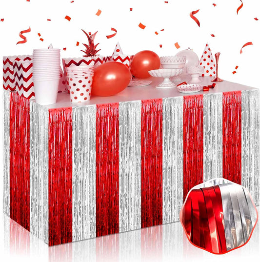 3 Pack 29 x108 Inch Red Silver Foil Fringe Table Skirts Metallic Banner for Tinsel Streamer Garland Backdrop for Parade Floats Wedding Thanksgiving Birthday Christmas New Year Party Decoration