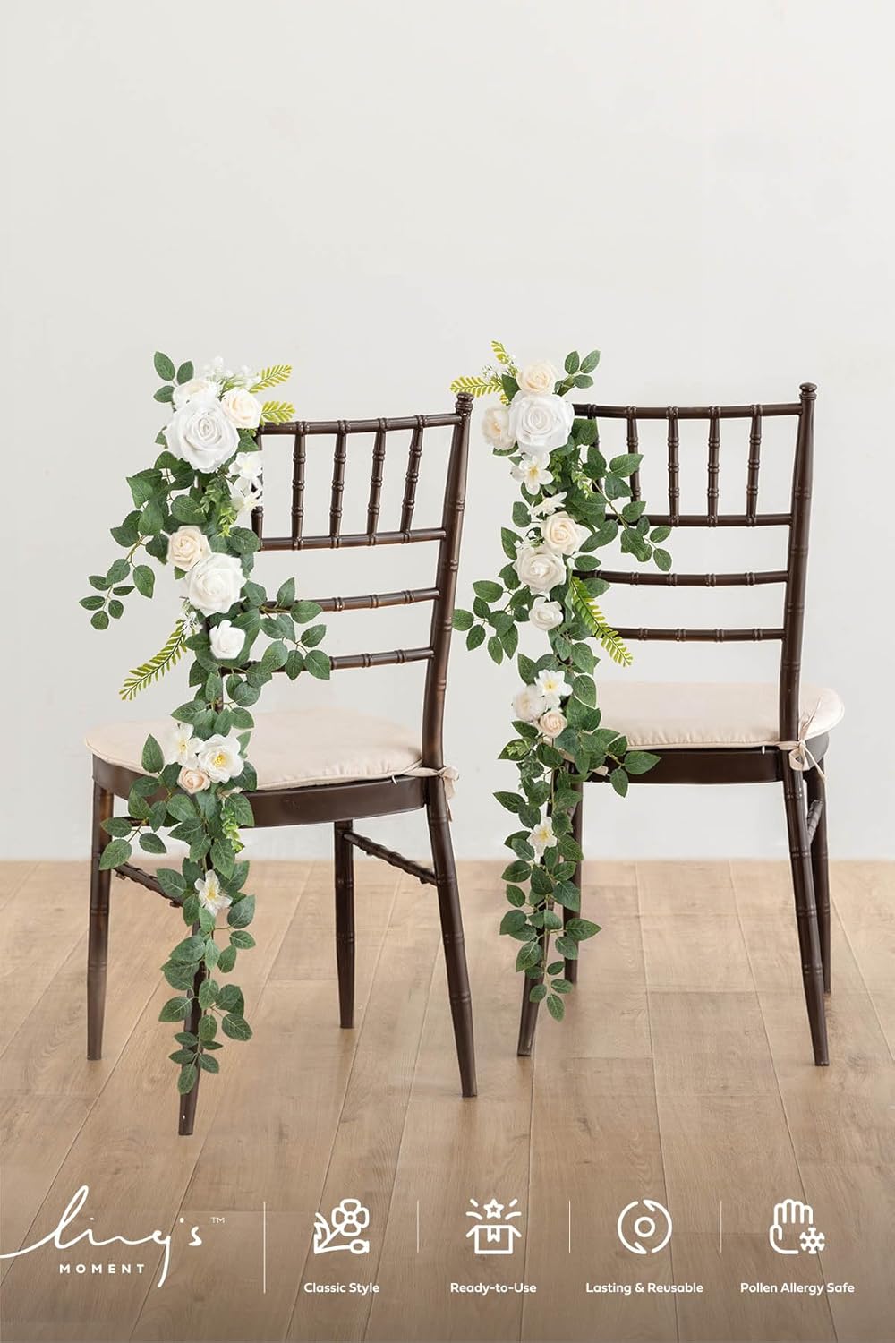 Ling's Moment 10pcs Wedding Chair Decorations Aisle Floral Swag Artificial Pew Flowers Hanging Garland White & Sage Green For Ceremony Reception Church Rose Floral Faux Arrangement Party Outdoor Decor