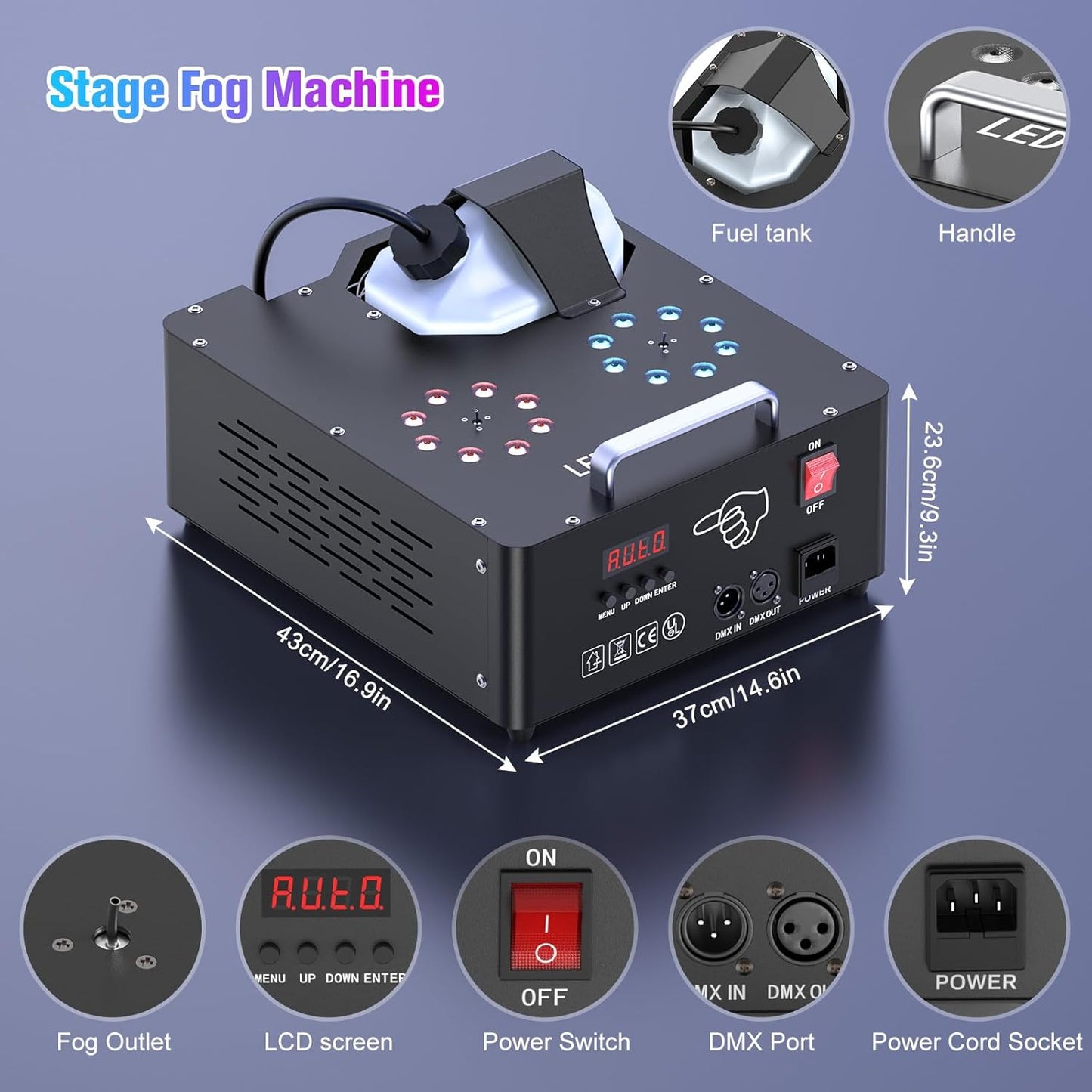 2000W Professional Fog Machine Dual Nozzle with 16 RGB LED, DMX Control Adjustable Smoke Direction, 2.5L Tank LCD Display 30000CFM for Halloween Christmas Stage DJ Party Club Events-2PC