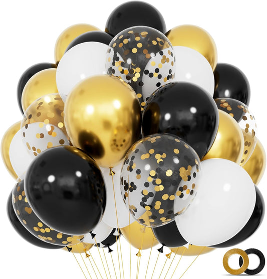 68Pcs Black White Gold Balloons with 12 Inch Black Gold Confetti Balloons for Graduation Birthday Wedding Party Decorations