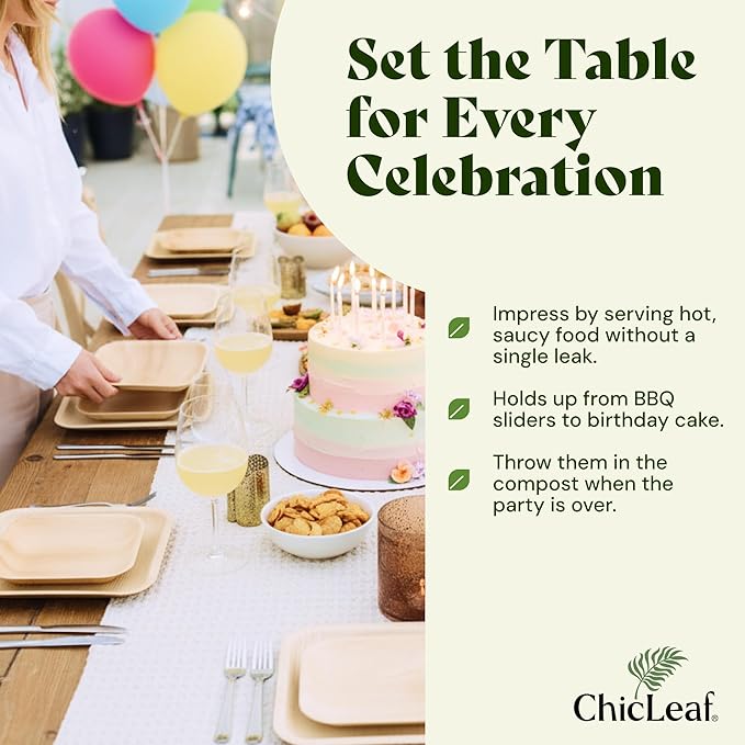 Chic Leaf Palm Leaf Disposable Bamboo Plates – Square, Biodegradable & Compostable Party Plates for Weddings, Parties & Events, Christams Dinner Turkey Meal Holiday - Disposable Platter (10", 20 Pack)