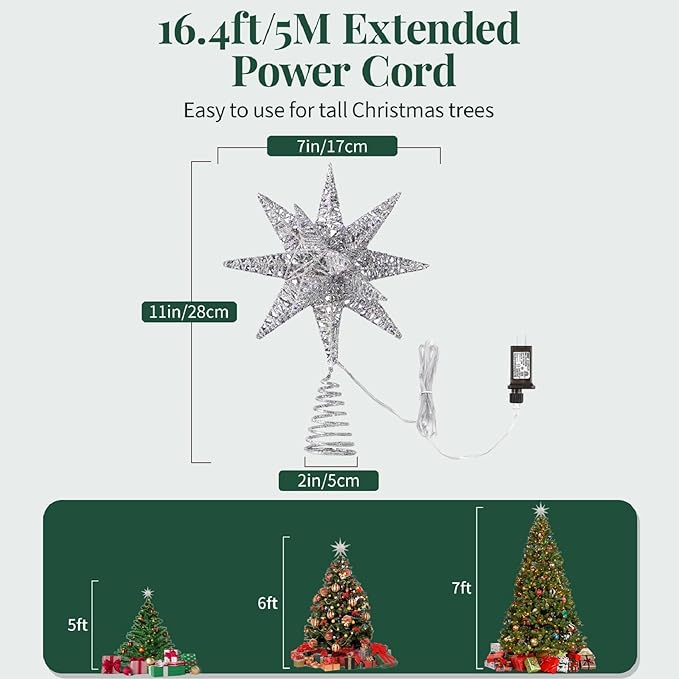 Lewondr Christmas Tree Topper, Plug in 3D Starburst Xmas Lighted Star Tree Topper, Remote Control & Timer Light Up Vintage Moravian Tree Topper for Christmas Decoraiton, Colorful Light, Silver