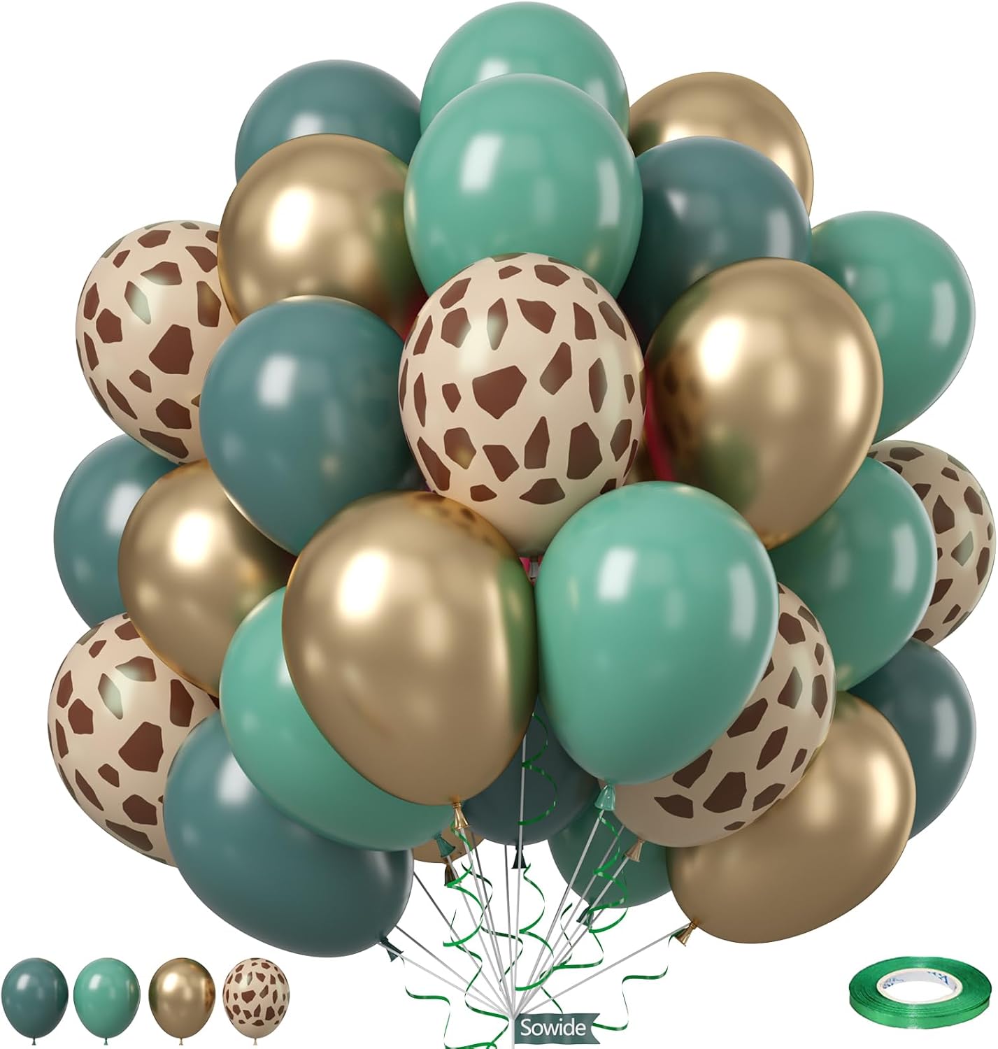 Green Giraffe Balloons, 50Pcs 12 Inches Dark Olive Green Metallic Gold Animal Print Giraffe Balloons for Boys Baby Shower Forest Woodland Birthday Wild Party Decorations