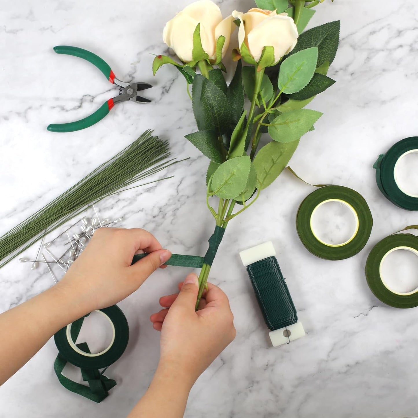 DSUWAZU Floral Tape and Wire Arrangement Tools Kit, Green Tape, Boutonniere Pin for Bouquet Stem Wrap, Florist and Wreath Making Supplies