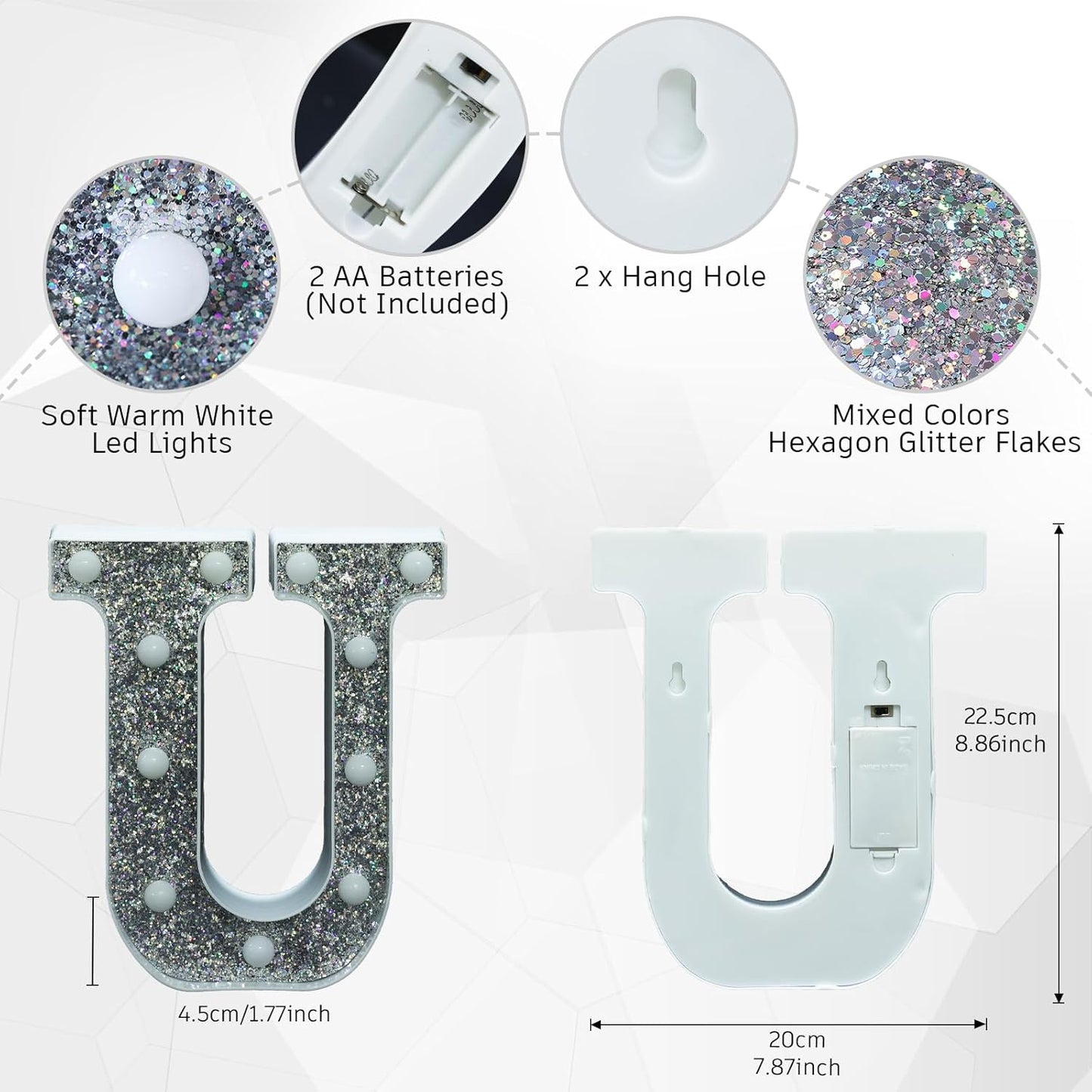 Light Up Letters, Marquee Light Letters for Table Decorations, Glitter Light Up Signs for Prom, Events, or Engagement Party Decor, Featuring Alphabet & Number Lighted Letters, Letter U