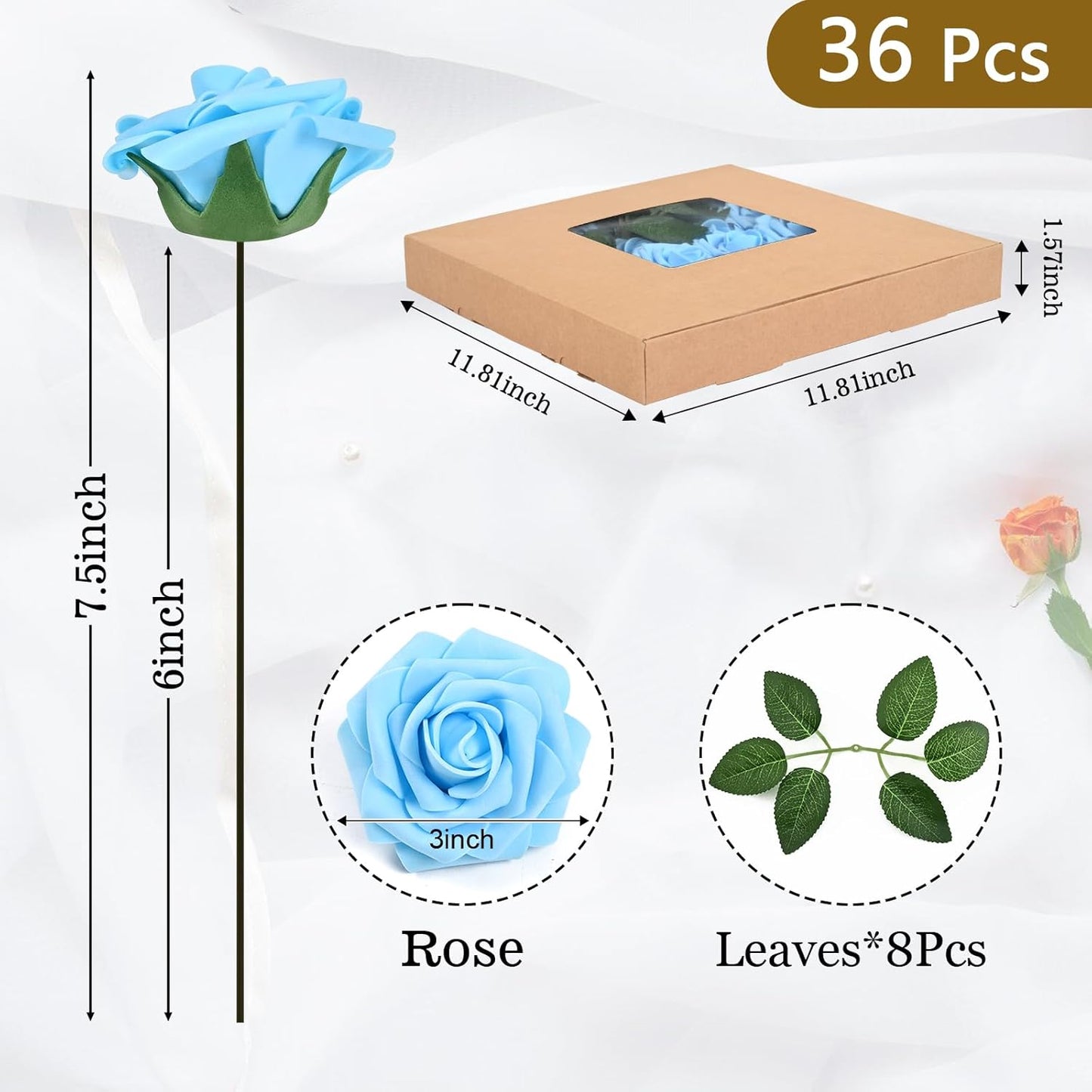 BLEUM CADE 36Pcs Artificial Flowers Fake Roses with Stems, Sky Blue Boxed Foam Roses for DIY Bouquets Centerpieces Wedding Party Arrangement Bridal Shower Decor