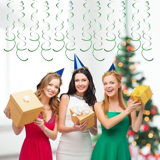 30 Pieces Green Party Swirl Decorations, Sparkle Green Hanging Swirls Whirls Shimmer Plastic Streamer for Ceiling, Party Supplies for St. Patrick's Day Tropical Hawaiian Birthday Christmas Party Decor