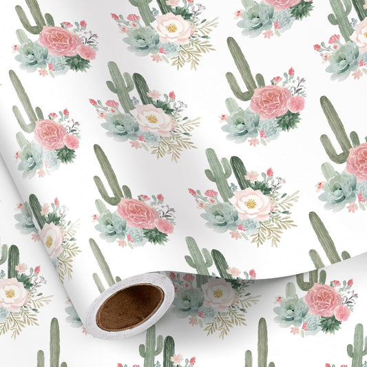 RUSPEPA Cactus Floral Wrapping Paper Roll, Mini Roll, Elegant Cacti and Roses Design, Soft Pink and Green Gift Wrap for Wedding, Birthdays, Baby Shower, Spring and Summer Party, 17 Inches x 16.4 Feet