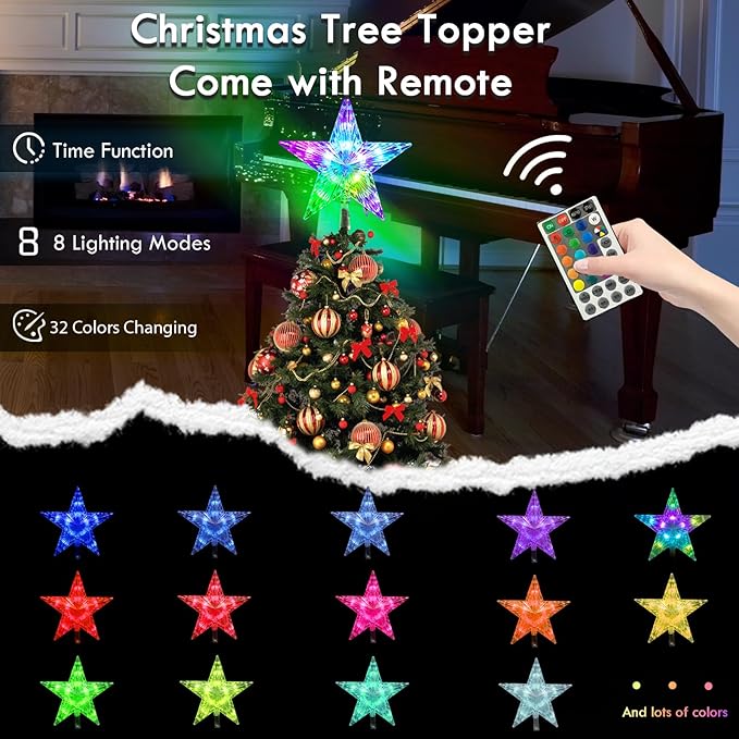 Christmas Tree Topper Star, 9.5 Inches Multi-Color LED Lighted Christmas Treetop Decorations with Remote, USB Powered for Xmas Holiday Party Decor Gift for Indoor/Outdoor