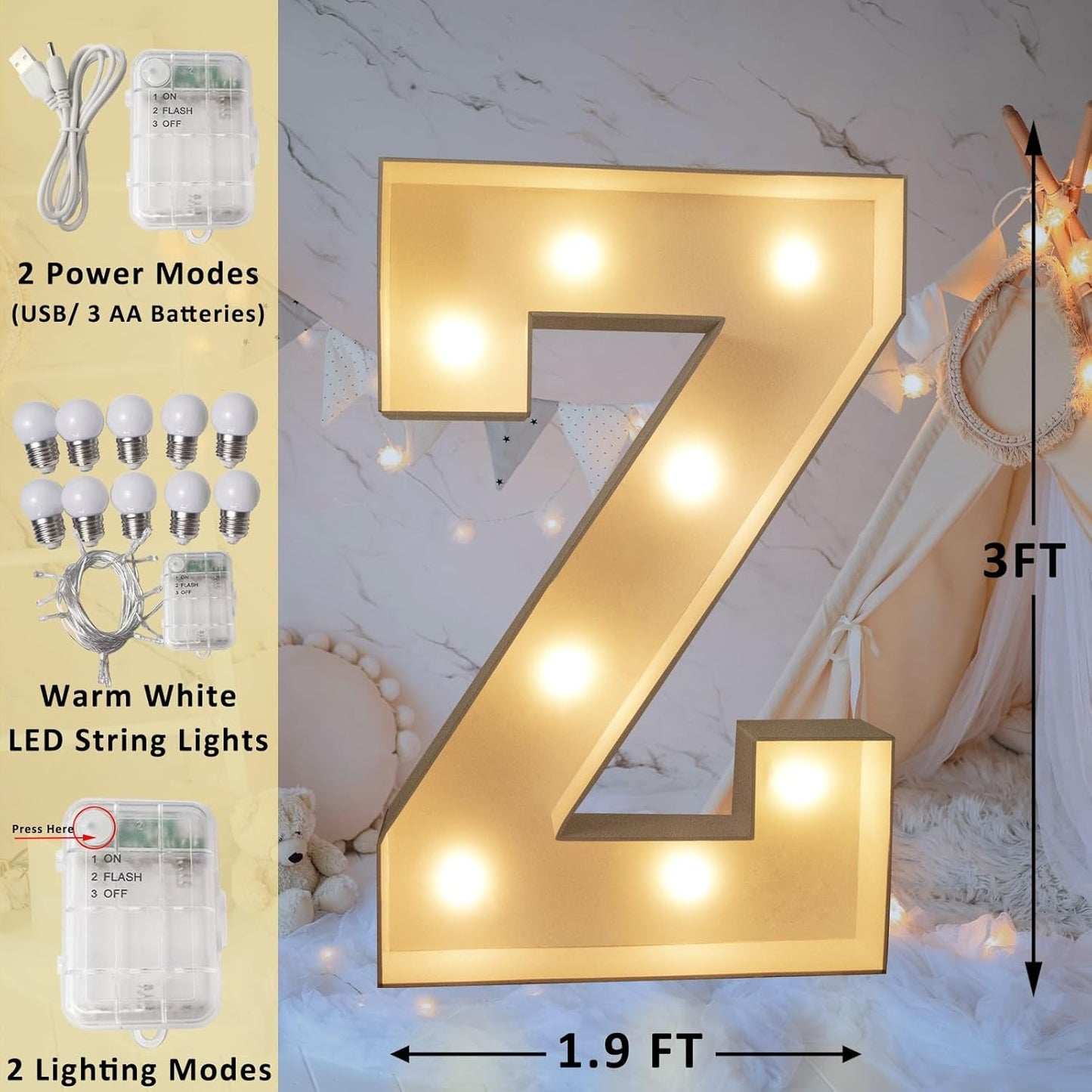 Ledido 3FT Marquee Light Up Letters, Large Light Up Letters, Marquee Letter 3 Feet Tall, Mosaic Lighted Letter for Party Decoration Baby Shower Anniversary Wedding, Z