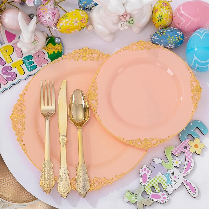 125PCS Peachy Pink Plastic Plates - Elegant Pink and Gold Dinnerware Set - Heavy Duty Disposable Plates with Gold Silverware Sets for 25 Guests for Wedding & Valentine's Day & Bridal Shower