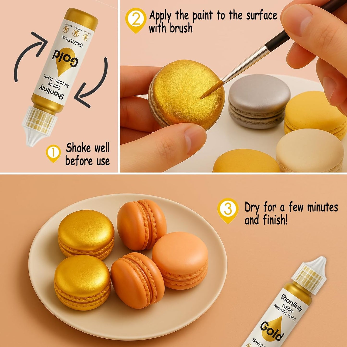 Edible Gold Metallic Paint for Baking – Food Grade Edible Gold Dust Drink Glitter for Shimmer Cake Decorating, Cookies, Cupcakes, Cocktails – 15ml Perfect for Holidays, Wedding, Birthday Decorating