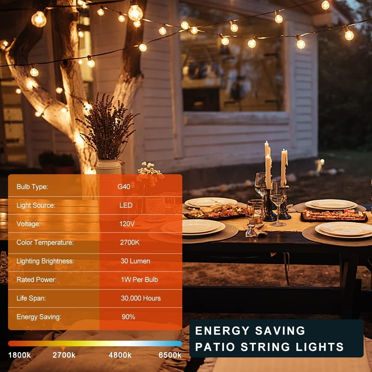 Kawaya Outdoor String Lights 50 FT LED Patio Light with 25+2 Shatterproof Edison Globe Bulbs - IP65 Waterproof Dimmable Hanging Lights - 2700K Warm White Lighting for Outside Porch Deck Bistro Cafe