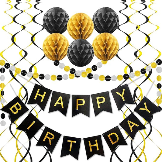 Black Birthday Decorations with Happy Birthday Banner, Paper Honeycomb Balls, Circle Garland and Hanging Swirl Decorations